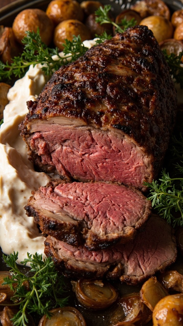 A thick, bone-in slice of prime rib, rosy pink center, with a brown crust set on a large festive platter. Creamy white horseradish sauce swirled on the side. Sprigs of parsley and a scattering of roasted pearl onions finish the plate.
