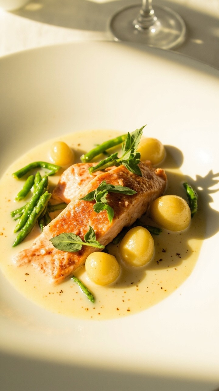 Salmon fillets resting in a pool of pale, creamy tarragon and shallot butter sauce, sprinkled with fresh tarragon leaves. Served alongside a few small boiled potatoes and haricots verts, all on a plain white dinner plate.
