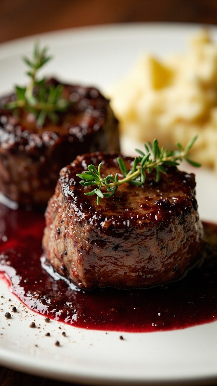 Thick filet mignon medallions with a cracked pepper crust are nestled on a white plate with glossy red wine sauce drizzling down. Each filet is garnished with a sprig of fresh thyme. A few grinds of black pepper are scattered for texture. Mashed potatoes peek in the background for contrast.