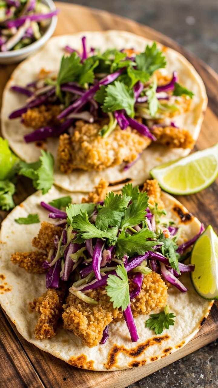 Soft corn tortillas wrapped around crispy strips of golden panko-crusted cod, topped with colorful cabbage slaw and fresh cilantro. Arranged on a platter with lime wedges and a bowl of slaw on the side. Soft corn tortillas wrapped around crispy strips of golden panko-crusted cod, topped with colorful cabbage slaw and fresh cilantro. Arranged on a platter with lime wedges and a bowl of slaw on the side.