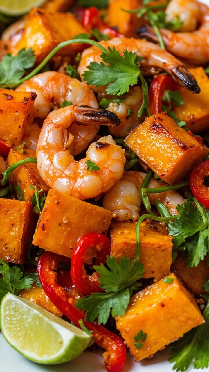 Cubes of golden roasted sweet potato with bright orange shrimp, sprinkled with green cilantro and rounds of sliced red chili. The skillet is simple and colorful, with lime wedges on the edge. Cubes of golden roasted sweet potato with bright orange shrimp, sprinkled with green cilantro and rounds of sliced red chili. The skillet is simple and colorful, with lime wedges on the edge.