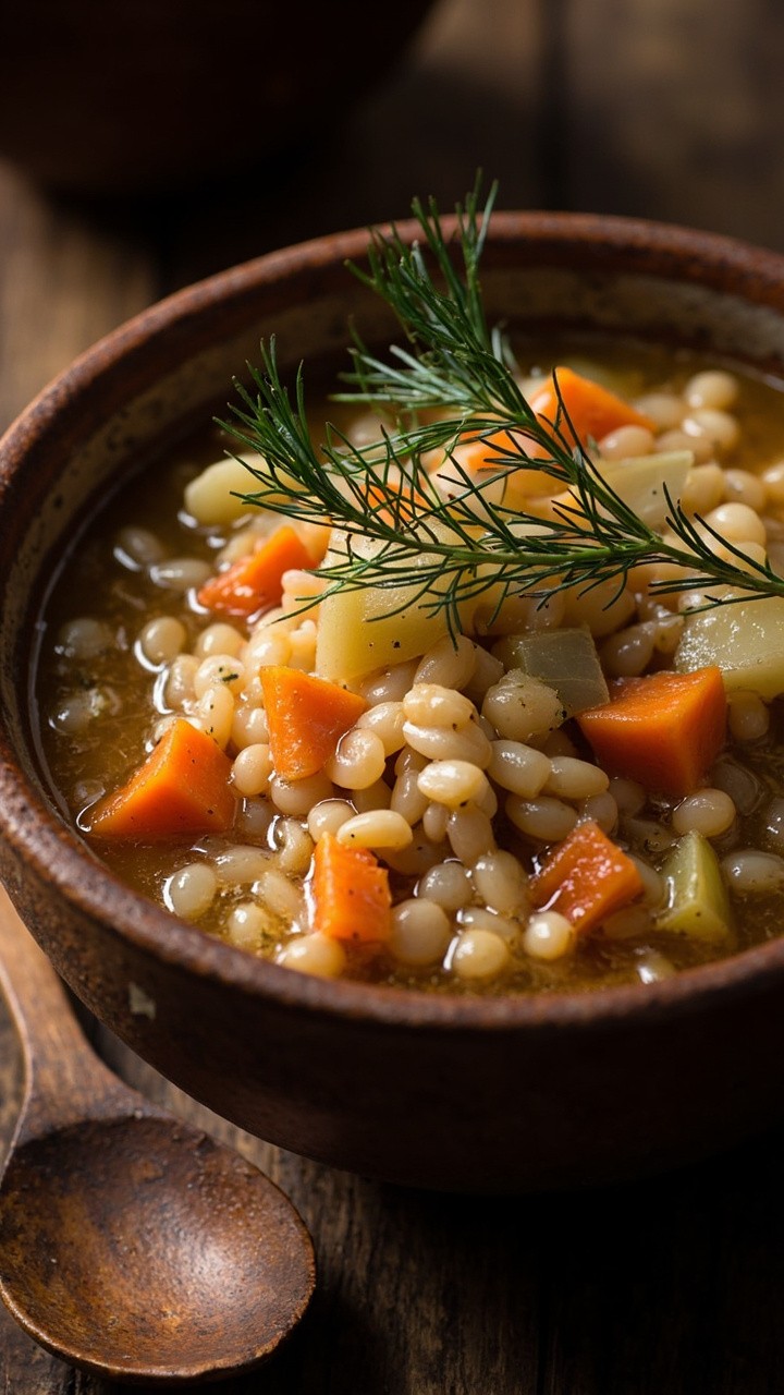 A stoneware bowl brimming with pearled barley, chunks of carrot, potato, and leek in a light, herby broth, sprinkled with fresh dill, a rustic spoon on the side.