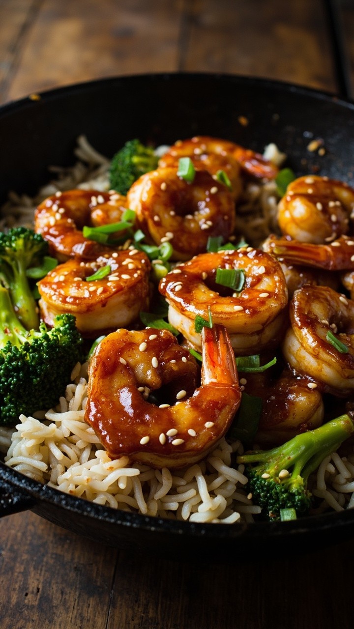 Shrimp coated in glossy soy-ginger sauce nestled beside bright green broccoli florets in a black skillet. Served over steaming jasmine rice, with sesame seeds and sliced scallions on top. Shrimp coated in glossy soy-ginger sauce nestled beside bright green broccoli florets in a black skillet. Served over steaming jasmine rice, with sesame seeds and sliced scallions on top.