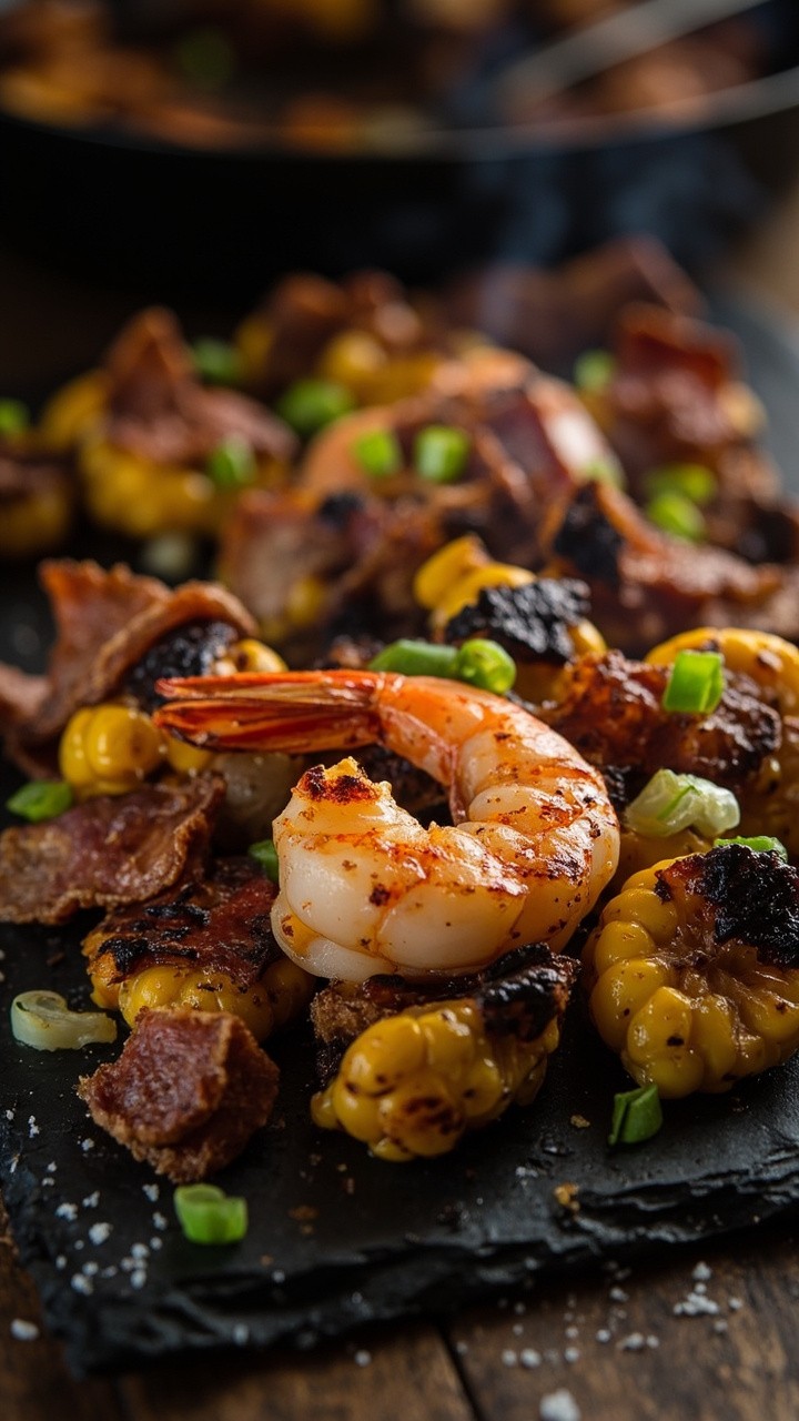 Golden shrimp nestled among charred corn kernels, crisp crumbles of bacon, and flecks of green onion. The skillet sits on a dark slate counter, with a few bacon bits dusted across the top. Golden shrimp nestled among charred corn kernels, crisp crumbles of bacon, and flecks of green onion. The skillet sits on a dark slate counter, with a few bacon bits dusted across the top.