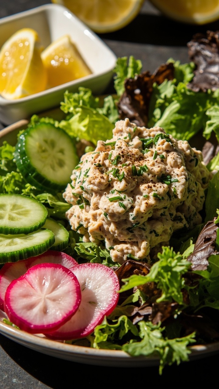 A colorful salad plate with a mound of herby tuna salad, leafy mixed greens, sliced cucumbers, and radishes arranged beside, with a small bowl of lemon wedges. A colorful salad plate with a mound of herby tuna salad, leafy mixed greens, sliced cucumbers, and radishes arranged beside, with a small bowl of lemon wedges.