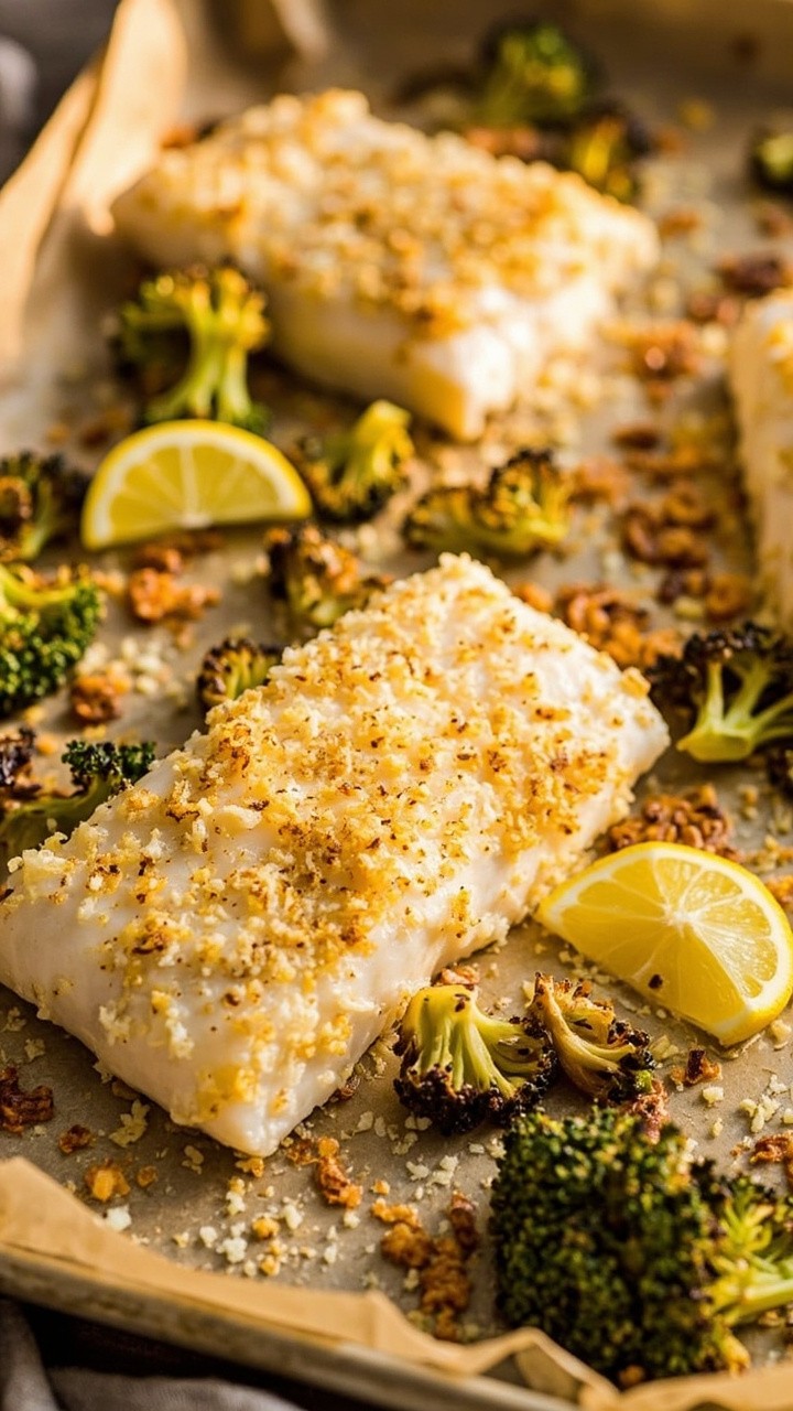 Roasted cod fillets with a crispy Parmesan crust, arranged beside lightly browned broccoli florets. The baking sheet is lined with parchment, and lemon wedges are scattered around for squeezing. Roasted cod fillets with a crispy Parmesan crust, arranged beside lightly browned broccoli florets. The baking sheet is lined with parchment, and lemon wedges are scattered around for squeezing.