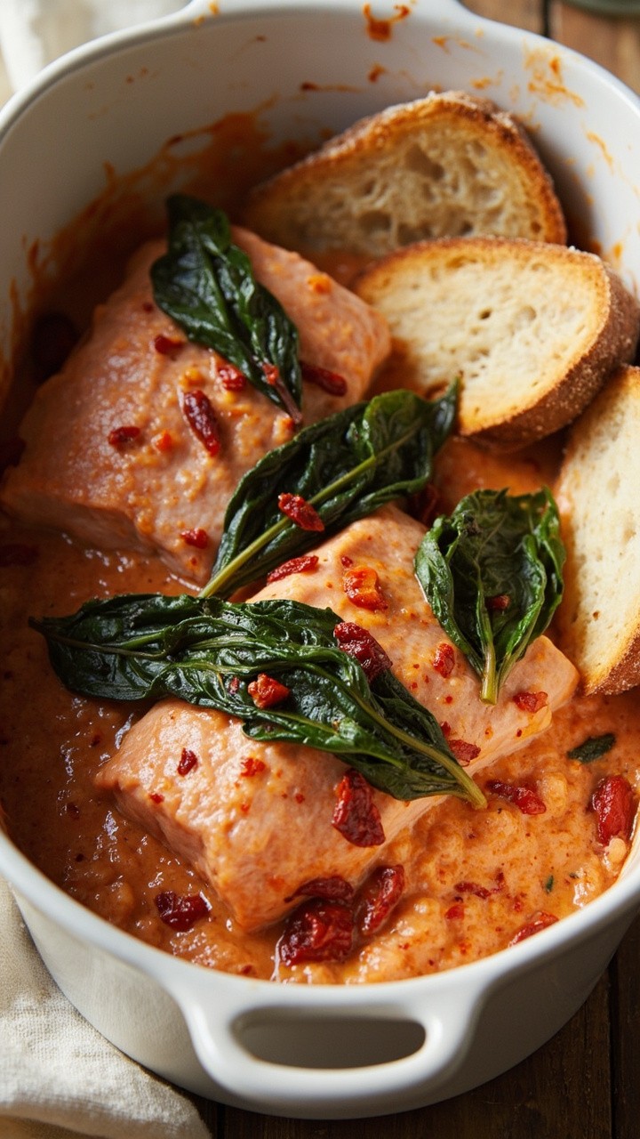 Salmon fillets in a creamy, rose-hued tomato sauce, studded with wilted spinach and bits of sun-dried tomato, all spooned into a shallow white baking dish. Served with slices of warm crusty bread.