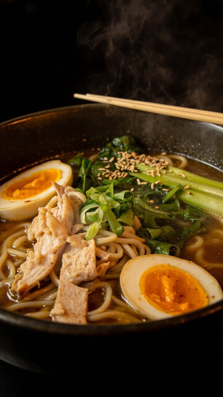 A deep ceramic bowl brimming with golden miso broth, thin ramen noodles, sliced poached chicken breast, soft boiled egg halves, steamed baby bok choy, green onion, and a sprinkling of sesame seeds, chopsticks resting on the rim.