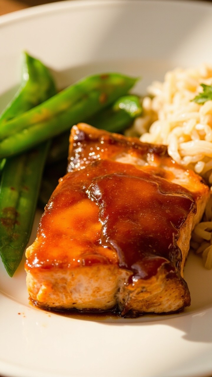 Salmon fillets glazed with a shiny, caramel-hued brown sugar soy sauce, edges slightly crisped, served on a round white dinner plate. Some bright green steamed snap peas and jasmine rice sit alongside.