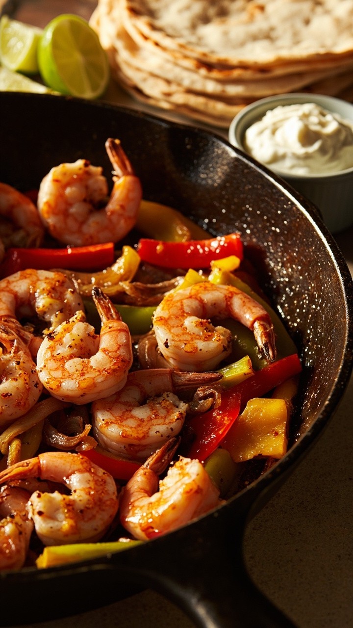Sizzling pink shrimp nestled among strips of red, yellow, and green peppers and onions in a cast iron skillet. Warm flour tortillas and lime wedges on the side, with a small ramekin of sour cream. Sizzling pink shrimp nestled among strips of red, yellow, and green peppers and onions in a cast iron skillet. Warm flour tortillas and lime wedges on the side, with a small ramekin of sour cream.