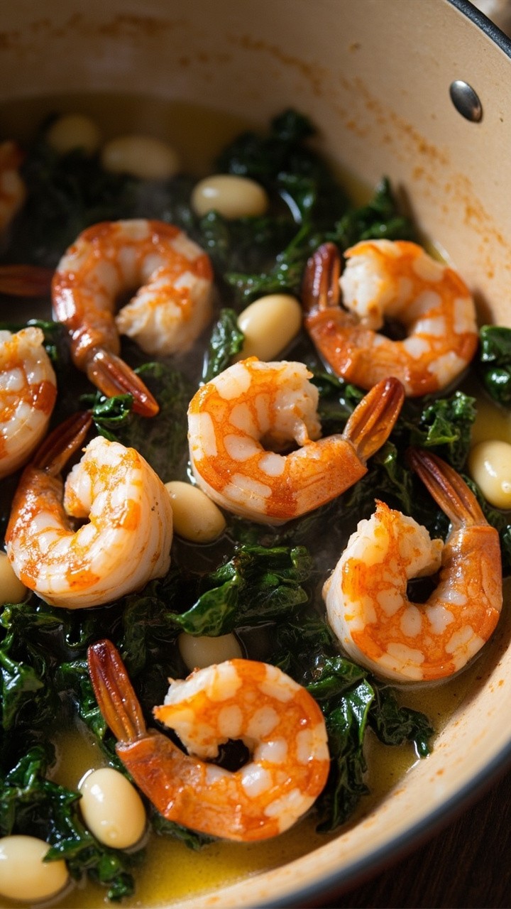Sautéed shrimp nestling into a bed of wilted dark kale and creamy white cannellini beans, all soaking in a light garlic-infused broth in a beige ceramic skillet. Sautéed shrimp nestling into a bed of wilted dark kale and creamy white cannellini beans, all soaking in a light garlic-infused broth in a beige ceramic skillet.