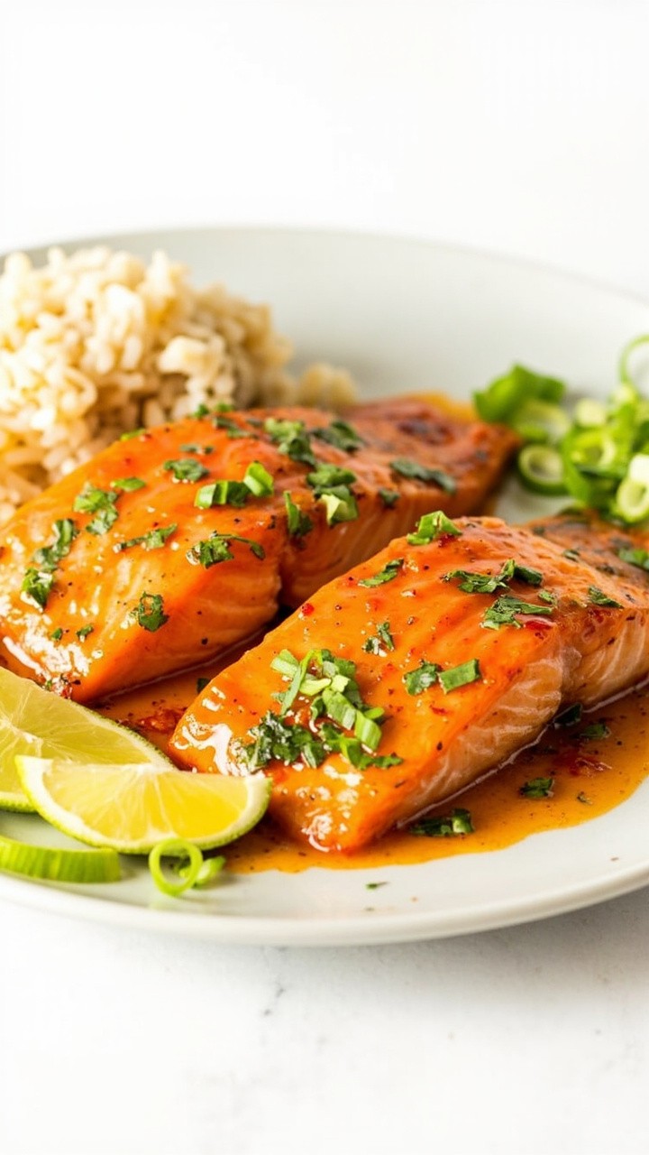 Salmon fillets with a shiny glaze from sweet chili sauce, flecked with green cilantro and slices of lime. Served on a simple white plate alongside steamed rice and a sprinkle of sliced scallions.