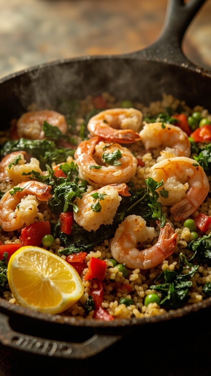 A vibrant skillet with fluffy quinoa, shrimp, diced red peppers, peas, and chopped kale, all sprinkled with fresh parsley. A lemon wedge rests on the side of the skillet. A vibrant skillet with fluffy quinoa, shrimp, diced red peppers, peas, and chopped kale, all sprinkled with fresh parsley. A lemon wedge rests on the side of the skillet.