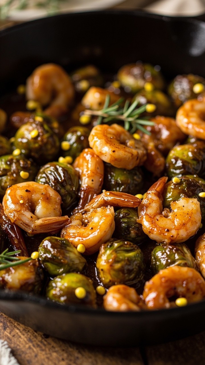 Caramelized Brussels sprouts and plump shrimp coated in a shiny maple glaze, spread out in a black cast iron skillet. A few mustard seeds and sprigs of thyme scattered on top. Caramelized Brussels sprouts and plump shrimp coated in a shiny maple glaze, spread out in a black cast iron skillet. A few mustard seeds and sprigs of thyme scattered on top.