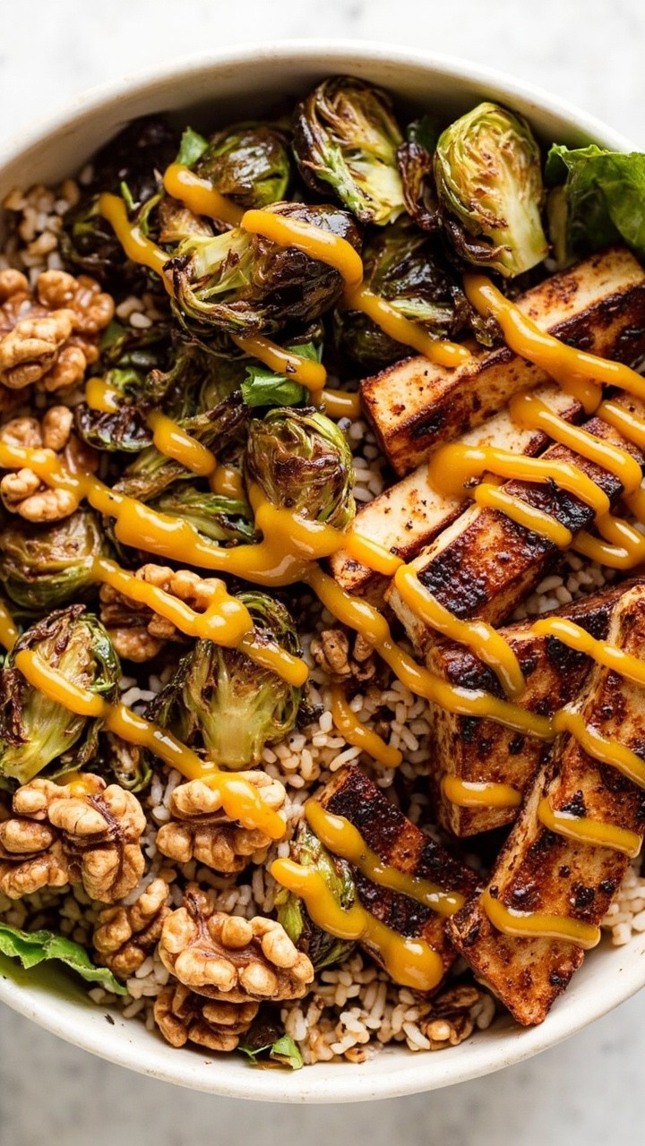 A round bowl with a base of wild rice, golden-brown slabs of smoky tempeh, halved roasted Brussels sprouts, toasted walnut pieces, and a drizzle of maple-mustard sauce, all in warm earth tones.