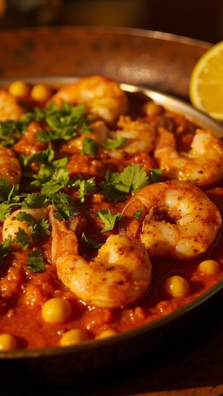 Shrimp, golden-brown and seasoned, nestled atop a chunky tomato and chickpea stew, all dusted with chopped cilantro in a wide, shallow skillet. Lemon wedges on the side. Shrimp, golden-brown and seasoned, nestled atop a chunky tomato and chickpea stew, all dusted with chopped cilantro in a wide, shallow skillet. Lemon wedges on the side.