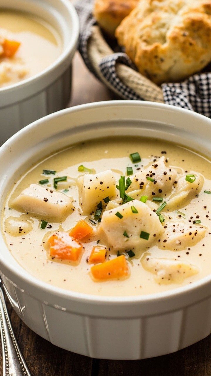 A creamy, pale chowder dotted with chunks of flaky cod, tender potatoes, and carrots, served in simple white soup bowls, each topped with chopped chives and fresh black pepper. A basket of warm biscuits and a soup spoon complete the scene. A creamy, pale chowder dotted with chunks of flaky cod, tender potatoes, and carrots, served in simple white soup bowls, each topped with chopped chives and fresh black pepper. A basket of warm biscuits and a soup spoon complete the scene.