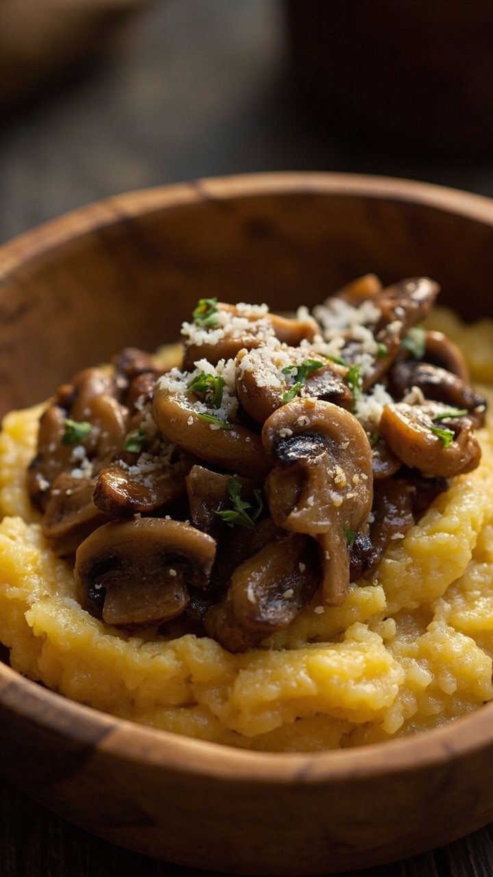 A rustic bowl with creamy yellow polenta, saucy brown and golden mushrooms layered on top, flecks of fresh thyme, and a dusting of Parmesan cheese.