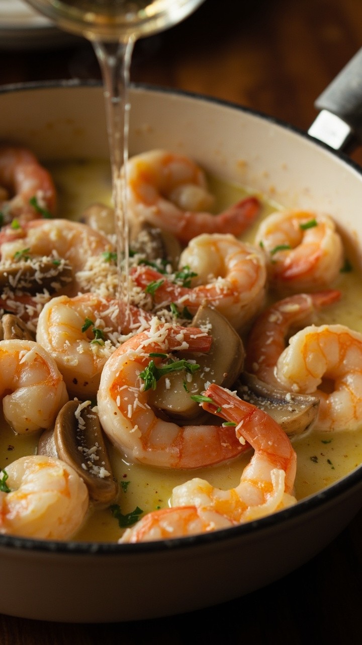 Large, creamy shrimp dotted among sautéed button mushrooms in a pale parmesan cream sauce. Served in a white enameled skillet, garnished with extra parmesan and parsley. Large, creamy shrimp dotted among sautéed button mushrooms in a pale parmesan cream sauce. Served in a white enameled skillet, garnished with extra parmesan and parsley.