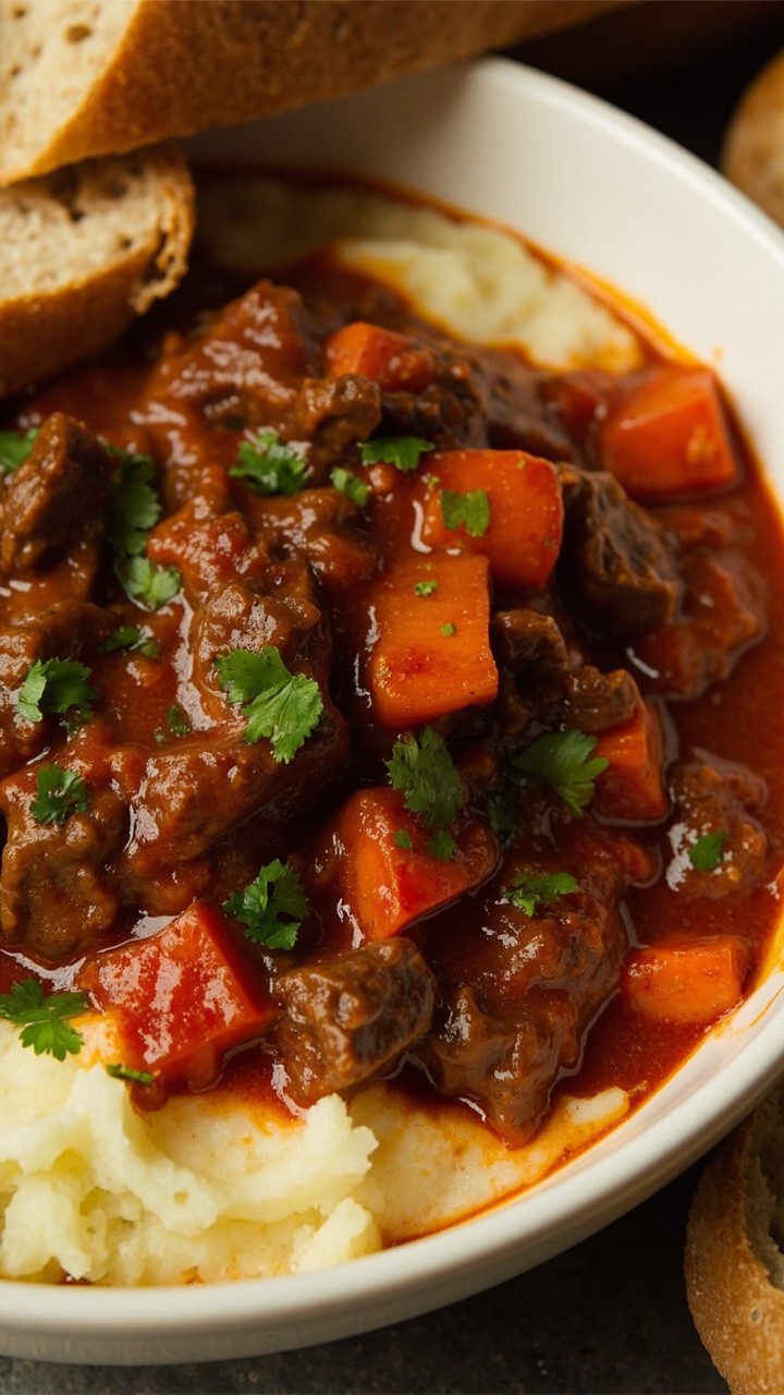 A generous white bowl filled with chunky, deep-red beef stew, tender carrot slices, and scattered fresh parsley, served over a scoop of creamy mashed potatoes, with a slice of rustic bread torn at the edge.