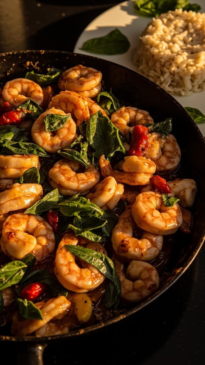Shrimp tossed with glistening dark basil leaves, red chili slices, and a glossy soy-based sauce in a black skillet. Steamed jasmine rice sits to the side, with extra fresh basil leaves. Shrimp tossed with glistening dark basil leaves, red chili slices, and a glossy soy-based sauce in a black skillet. Steamed jasmine rice sits to the side, with extra fresh basil leaves.