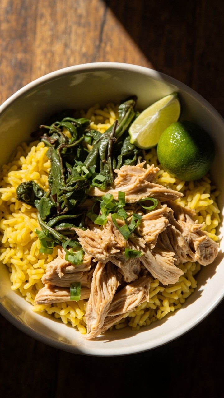 A simple white bowl with yellow turmeric rice, shredded chicken poached with ginger, wilted greens, and a sprinkle of scallions, with lime wedges tucked at the side.