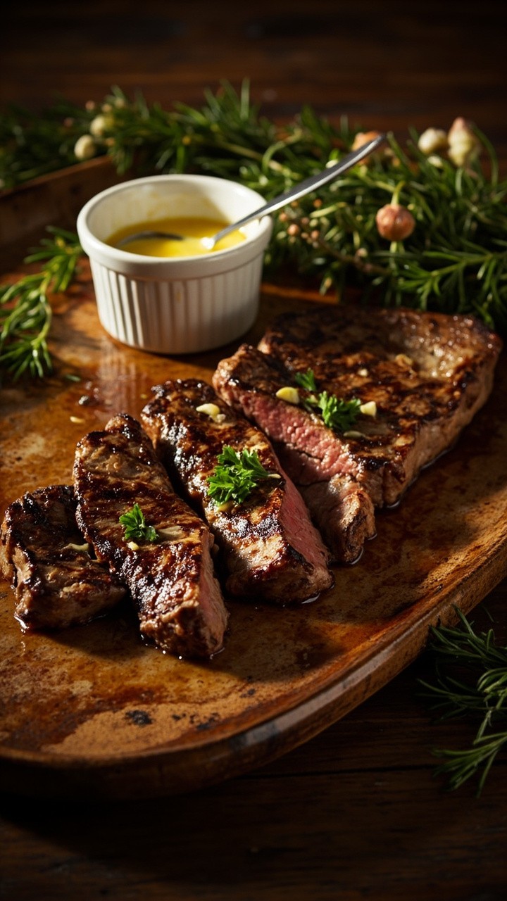 Sliced New York strip steaks, glistening with melted garlic butter, fan out on a ceramic platter. Bits of charred garlic and parsley are visible atop. A side ramekin of extra garlic butter sits nearby with a few sprigs of holiday greens.