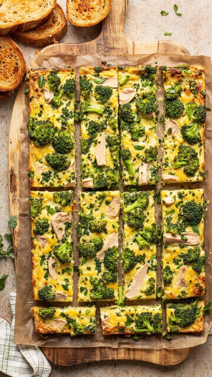 A rectangular sheet pan frittata sliced into squares, studded with green broccoli florets and chunks of tuna. Garnished with fresh herbs, slices rest on a parchment-lined board with a side of whole grain toast. A rectangular sheet pan frittata sliced into squares, studded with green broccoli florets and chunks of tuna. Garnished with fresh herbs, slices rest on a parchment-lined board with a side of whole grain toast.