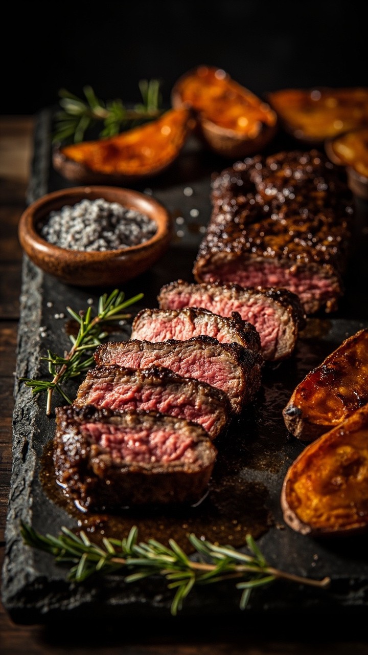 Medium-rare strip steaks, sliced and fanned out on a slate board, with a dark, crusted edge from the coffee spice rub. A small bowl of coarse salt and a few sprigs of thyme accent the spread. Roasted sweet potato wedges rest nearby.