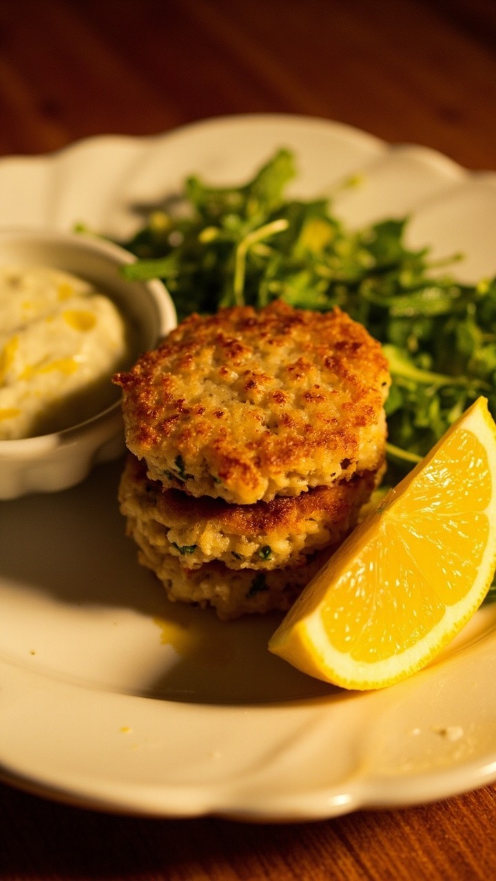 Golden tuna cakes piled on a white dinner plate, with a ramekin of lemon yogurt sauce for dipping, fresh greens on the side, and a wedge of lemon for squeezing. Golden tuna cakes piled on a white dinner plate, with a ramekin of lemon yogurt sauce for dipping, fresh greens on the side, and a wedge of lemon for squeezing.
