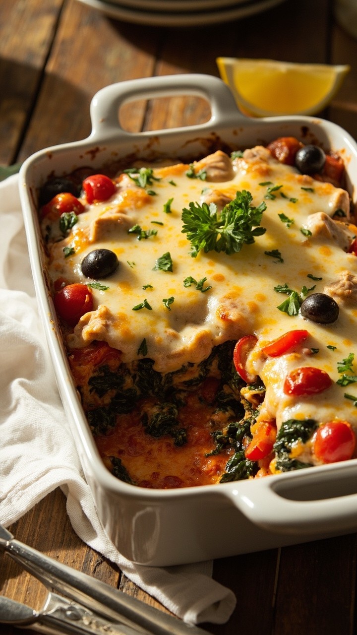 A white ceramic casserole dish filled with colorful baked layers of tuna, cherry tomatoes, olives, and spinach, topped with golden, bubbly mozzarella, a sprinkle of parsley, and lemon wedges on the side. The dish sits on a rustic wooden table with a linen napkin. A white ceramic casserole dish filled with colorful baked layers of tuna, cherry tomatoes, olives, and spinach, topped with golden, bubbly mozzarella, a sprinkle of parsley, and lemon wedges on the side. The dish sits on a rustic wooden table with a linen napkin.
