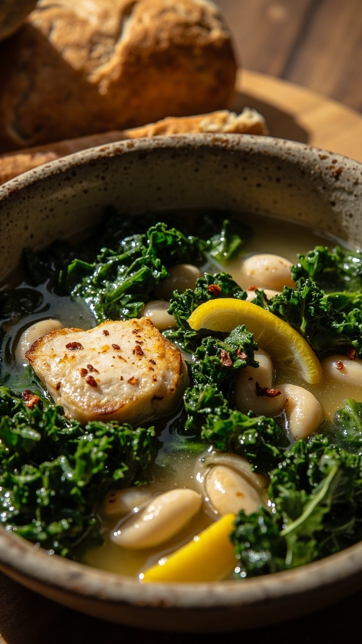 A bowl of clear broth filled with leafy kale, soft white beans, and chunks of flaky cod, all garnished with a squeeze of lemon and a few chili flakes. Served with a hunk of crusty bread. A bowl of clear broth filled with leafy kale, soft white beans, and chunks of flaky cod, all garnished with a squeeze of lemon and a few chili flakes. Served with a hunk of crusty bread.
