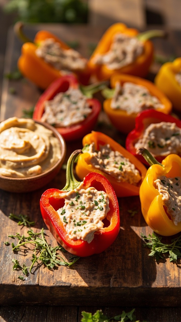 Bright mini bell peppers sliced in half and filled with smooth tuna paté, arranged on a wooden board with a sprinkle of fresh herbs and a bowl of extra dip on the side. Bright mini bell peppers sliced in half and filled with smooth tuna paté, arranged on a wooden board with a sprinkle of fresh herbs and a bowl of extra dip on the side.