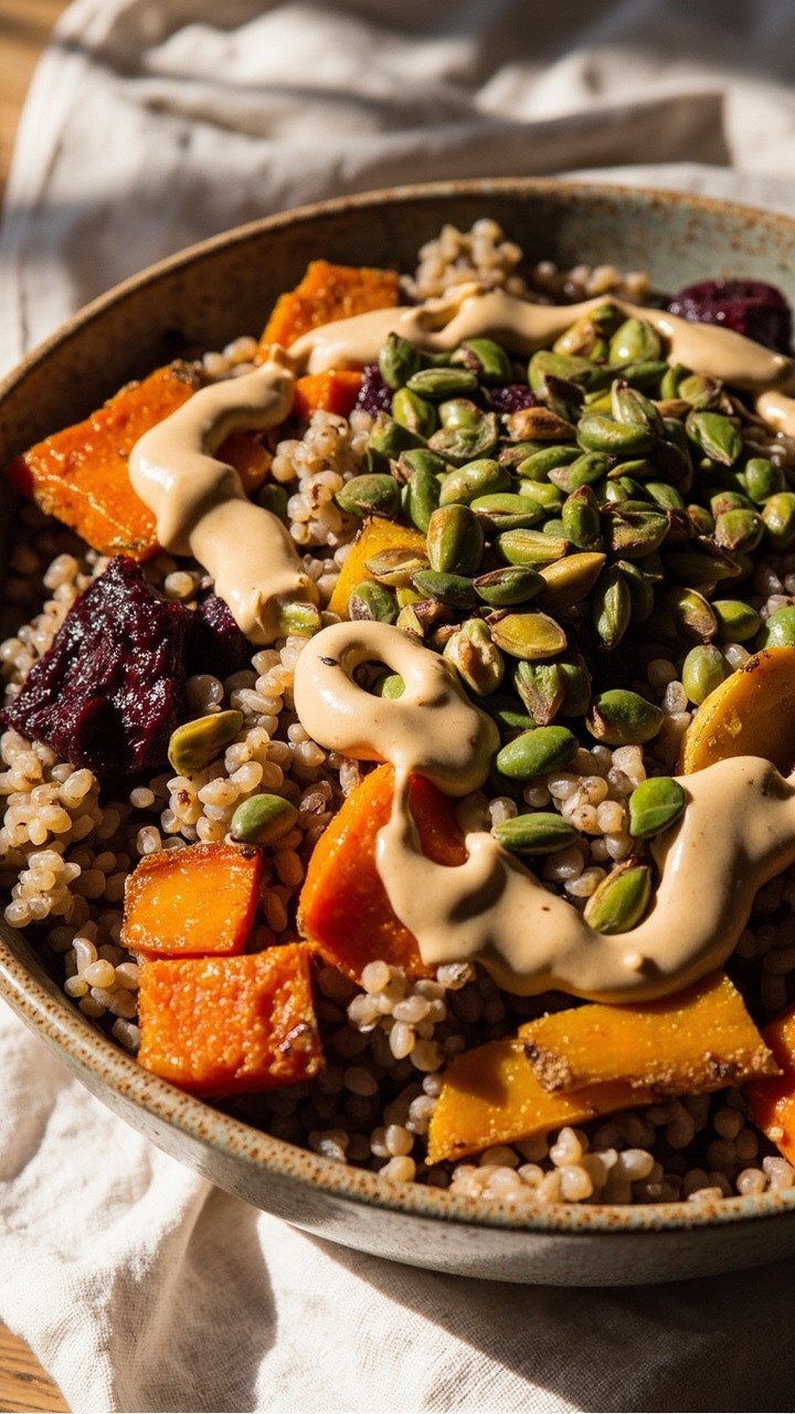 A wide ceramic bowl filled with farro, clusters of roasted orange carrots, golden sweet potatoes, and jewel-toned beets, topped with a handful of green pepitas and a drizzle of creamy tahini sauce, set on a linen napkin.