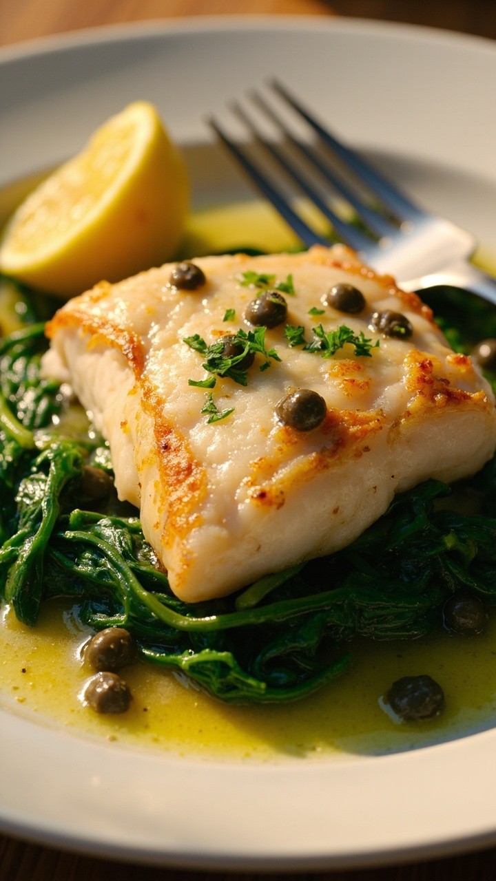 Plated cod fillets glistening under a glossy lemon-caper sauce, with a bed of wilted spinach underneath, and flecks of chopped parsley on top. Served on a ceramic dinner plate, with a fork and a slice of lemon on the side. Plated cod fillets glistening under a glossy lemon-caper sauce, with a bed of wilted spinach underneath, and flecks of chopped parsley on top. Served on a ceramic dinner plate, with a fork and a slice of lemon on the side.
