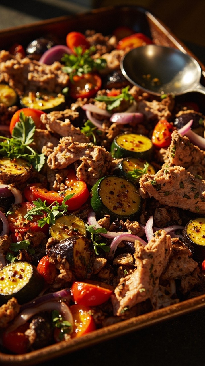 A baking tray layered with chunky roasted eggplant, zucchini, red bell peppers, and red onion, dotted with generous flaked tuna and bright herbs. Served straight from the tray with a big spoon. A baking tray layered with chunky roasted eggplant, zucchini, red bell peppers, and red onion, dotted with generous flaked tuna and bright herbs. Served straight from the tray with a big spoon.