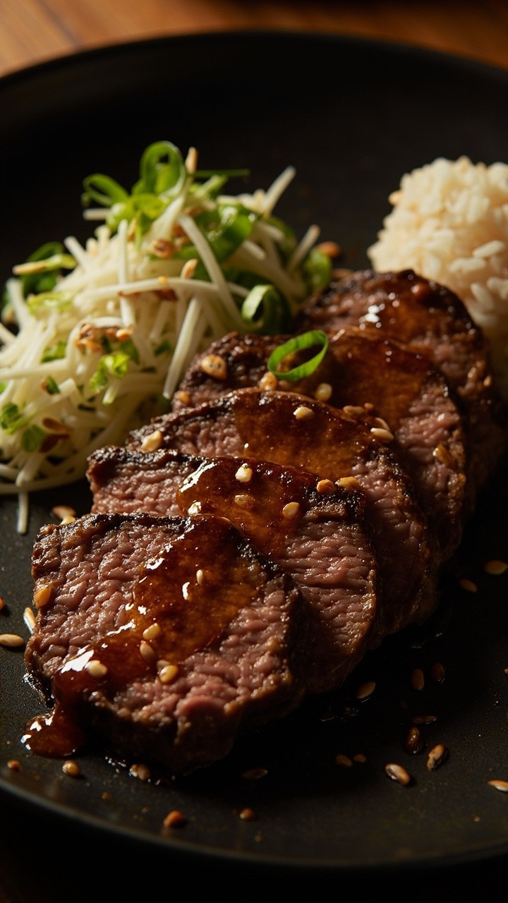 Sliced flat iron steak arranged neatly on a dark plate, each piece glistening with browned miso butter. A sprinkle of sesame seeds and chopped scallions adds texture and color. Steamed rice sits just to the side.