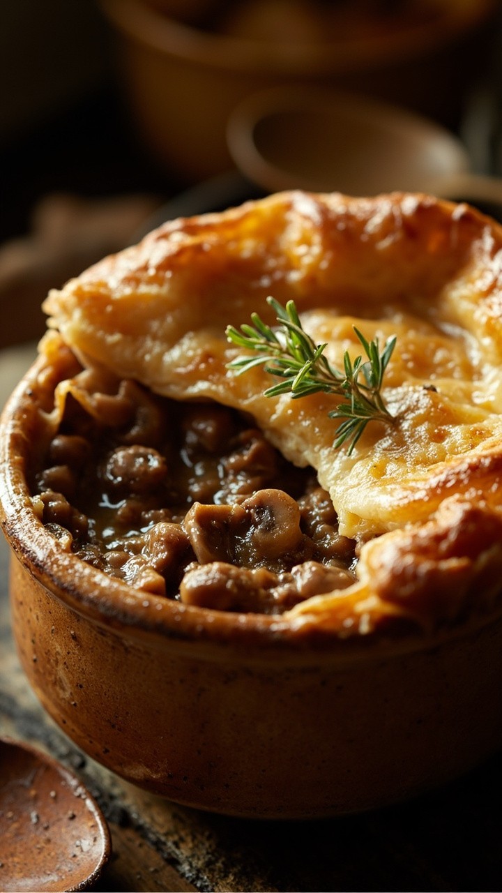 A golden puff pastry-topped pot pie in a pie dish, cracked open to reveal generous chunks of steak and mushrooms in a savory brown gravy. A few fresh thyme leaves are sprinkled on top, with a serving spoon resting nearby.
