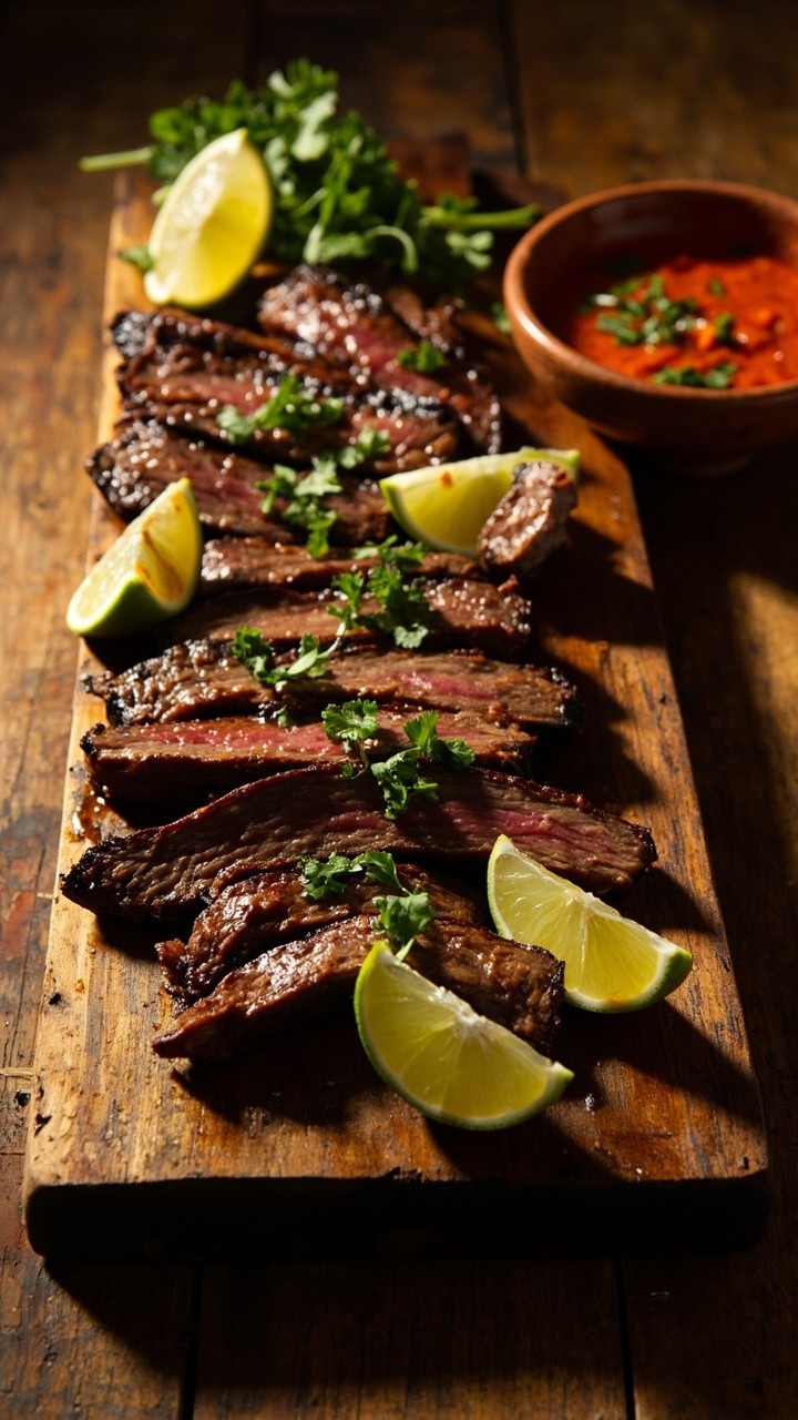 Sliced skirt steak with a caramelized char, arranged across a long wooden board. Lime wedges and chopped cilantro brighten the plate, with a bowl of chili lime sauce for dipping.