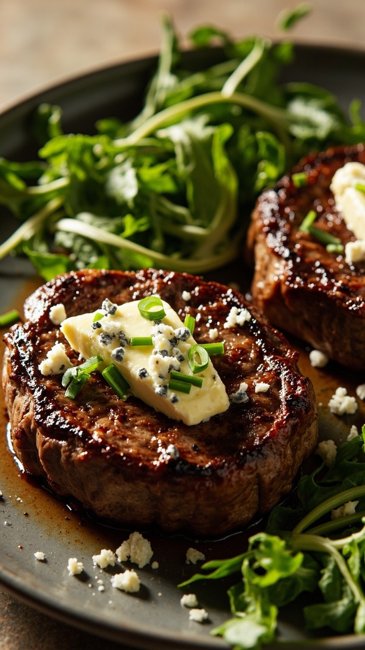 Sizzling sirloin steaks on a gray ceramic plate, each topped with a pat of blue cheese butter just beginning to melt. Crumbled blue cheese and chopped chives are sprinkled around. Crisp arugula leaves add a pop of color.