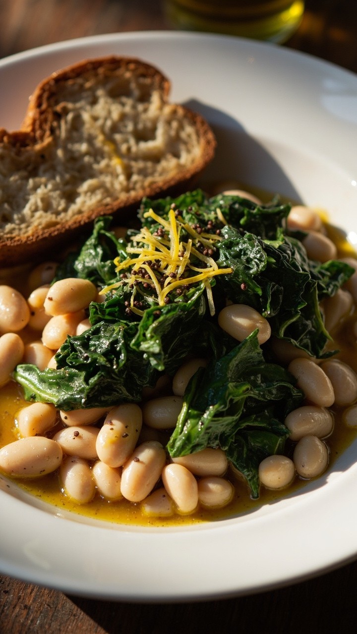 A shallow white bowl filled with stewed white beans and ribbons of dark green kale, drizzled with olive oil, lemon zest, and cracked black pepper, with a chunk of toasted sourdough on the side.