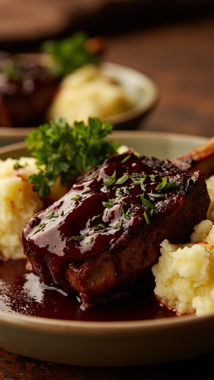 Fork-tender boneless short rib pieces sitting in a rich, deep red wine sauce, spooned into wide shallow bowls. Fluffy mashed potatoes cradle the meat and sauce, with a sprinkle of fresh parsley as garnish.