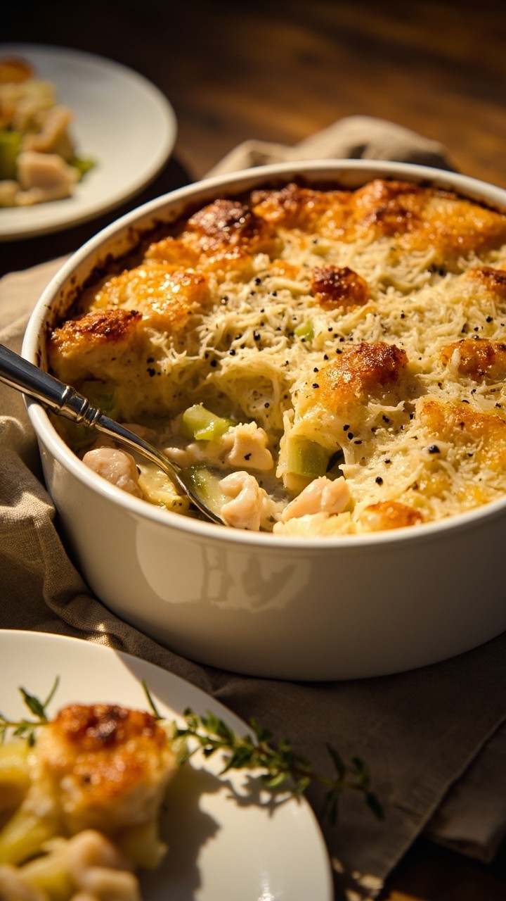 A white ceramic gratin dish filled with creamy cod, rounds of pale green leeks, and a bubbling toasted breadcrumb-Parmesan topping. A serving spoon rests in the dish, with a portion plated beside a sprig of thyme. A white ceramic gratin dish filled with creamy cod, rounds of pale green leeks, and a bubbling toasted breadcrumb-Parmesan topping. A serving spoon rests in the dish, with a portion plated beside a sprig of thyme.