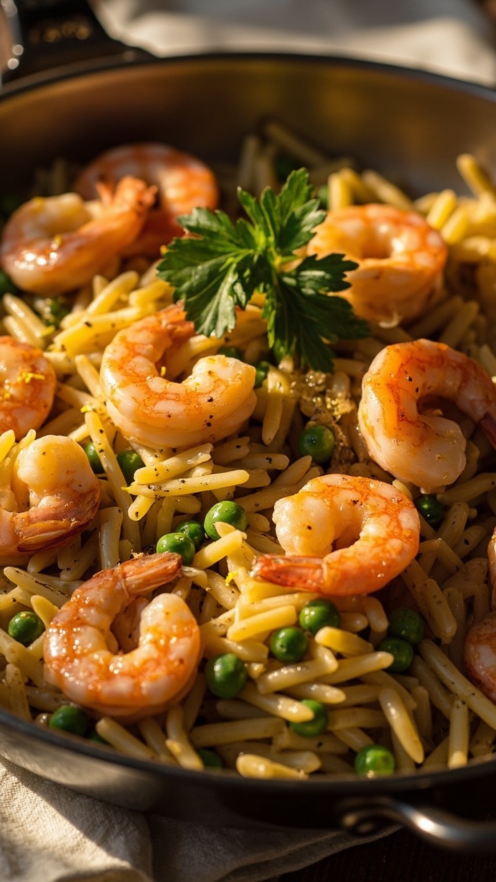 Golden shrimp sitting atop a bed of creamy orzo pasta, flecked with bright green peas and finished with lemon zest. The skillet sits on a clean white napkin, with a few sprigs of fresh parsley scattered over. Golden shrimp sitting atop a bed of creamy orzo pasta, flecked with bright green peas and finished with lemon zest. The skillet sits on a clean white napkin, with a few sprigs of fresh parsley scattered over.