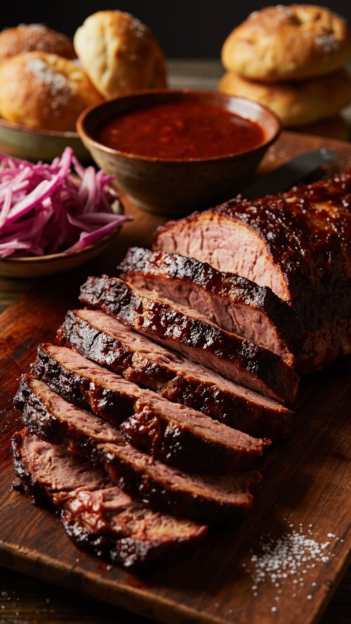 Thick slices of brisket, juicy and ruby pink inside, layered on a wooden tray. A caramelized crust or bark edges the meat. Small bowls of barbecue sauce and pickled red onions sit nearby, with a few rustic rolls stacked alongside.
