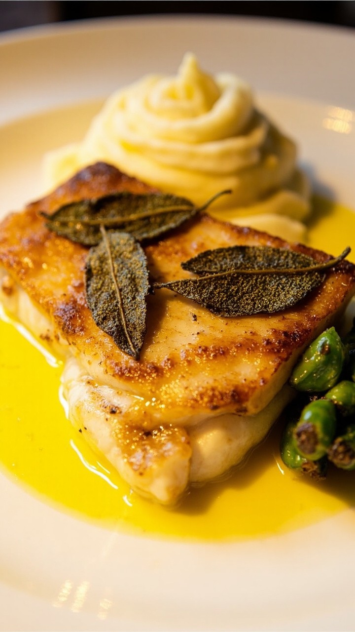 A white plate with a cod fillet draped in golden brown butter, topped with crisply fried sage leaves and a squeeze of lemon. Accompanied by a spoon of mashed potatoes and a small bundle of roasted green beans. A white plate with a cod fillet draped in golden brown butter, topped with crisply fried sage leaves and a squeeze of lemon. Accompanied by a spoon of mashed potatoes and a small bundle of roasted green beans.