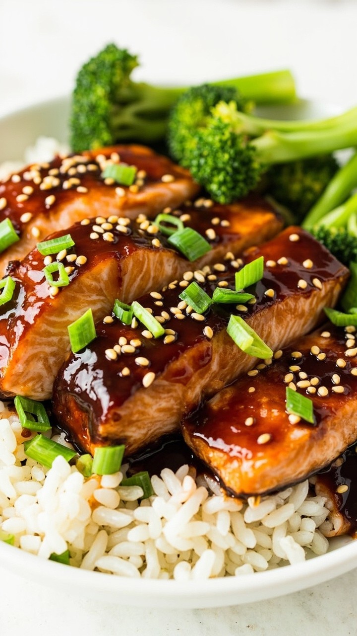 Salmon fillets lacquered in a dark caramel-colored hoisin glaze, garnished with sliced scallions and sesame seeds, served over a neat mound of white steamed rice and a few stalks of bright green broccoli.