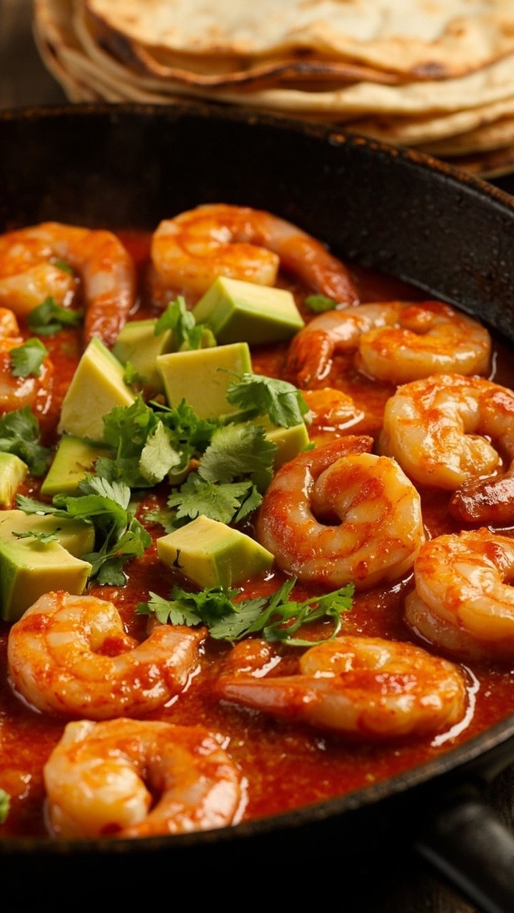 Shrimp glistening in a red chipotle-tomato sauce, topped with diced avocado and a scattering of chopped cilantro. Served in a shallow skillet, with warm tortillas nearby. Shrimp glistening in a red chipotle-tomato sauce, topped with diced avocado and a scattering of chopped cilantro. Served in a shallow skillet, with warm tortillas nearby.