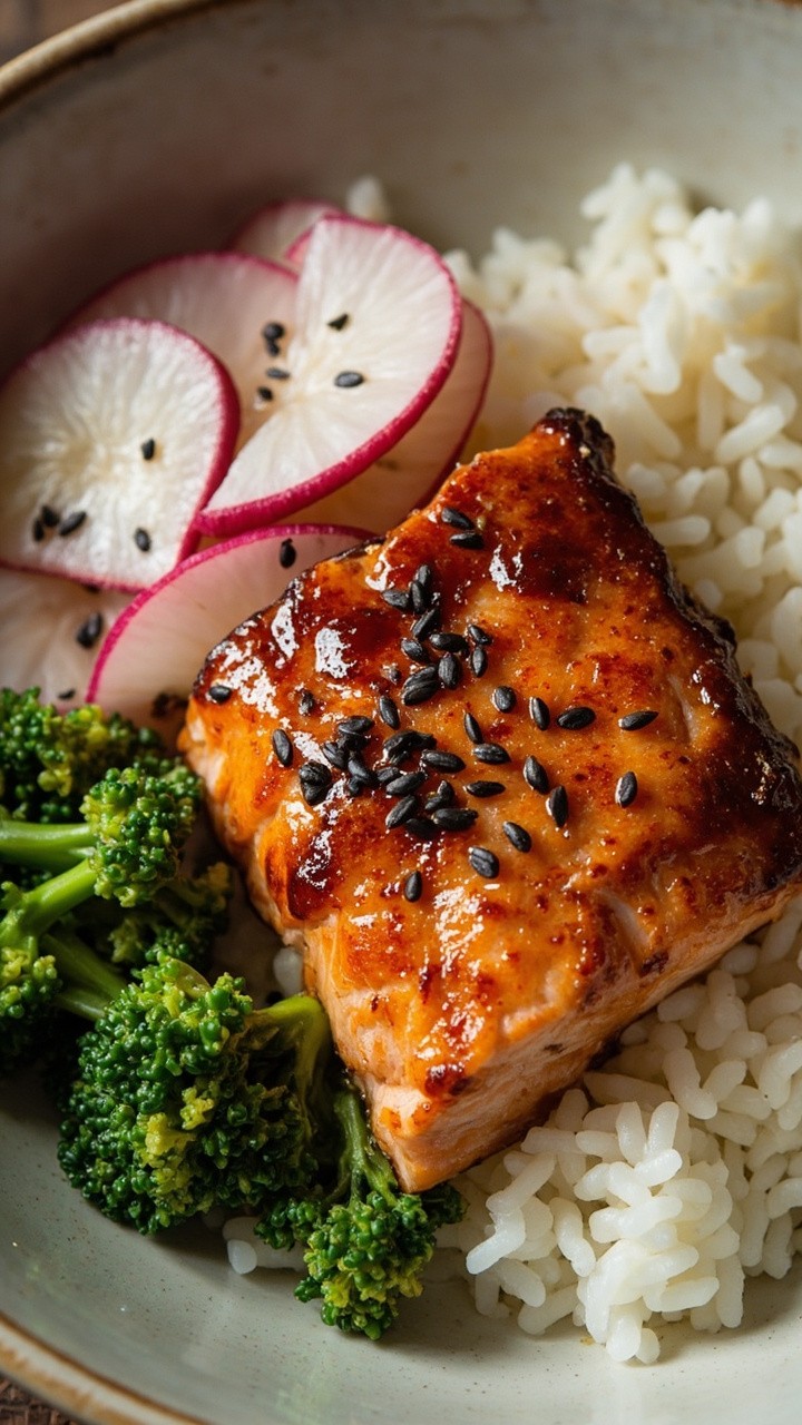 A shallow bowl with a mound of steaming white rice, topped by a glossy fillet of baked salmon brushed with golden-brown miso glaze, bright green steamed broccoli florets, thinly sliced radish, and black sesame seeds sprinkled over.