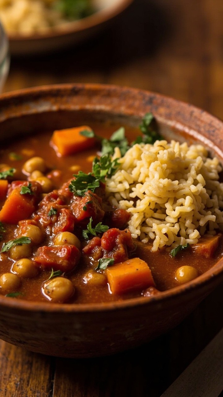 A rustic pottery bowl heaped with chunky tomato and chickpea stew, orange cubes of sweet potato, flecks of green parsley, and a scoop of golden couscous on the side.